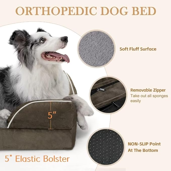 Comfort Expression Orthopedic Memory Foam Dog Beds, XL Dog Beds for Extra Large Dogs, Washable Dogs Beds with Removable Cover, Waterproof Pet Sofa Couch with Bolster(X-Large,Olive Green)