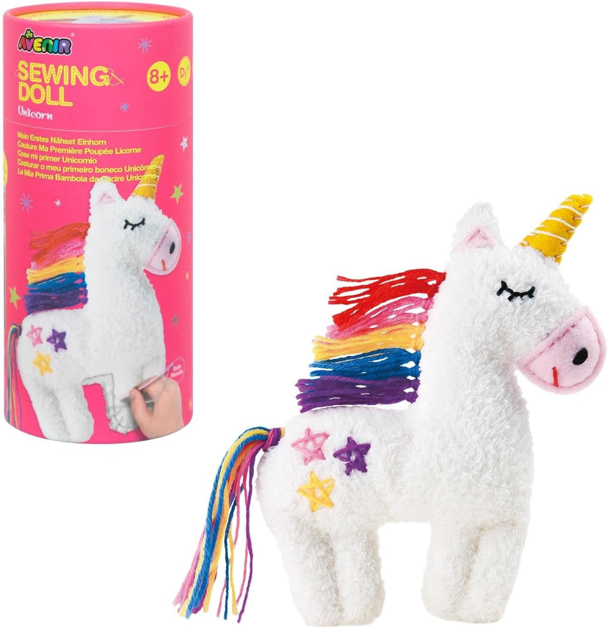 Avenir My First Sewing Kit for kids with a finished unicorn plush and pre-cut fabric pieces