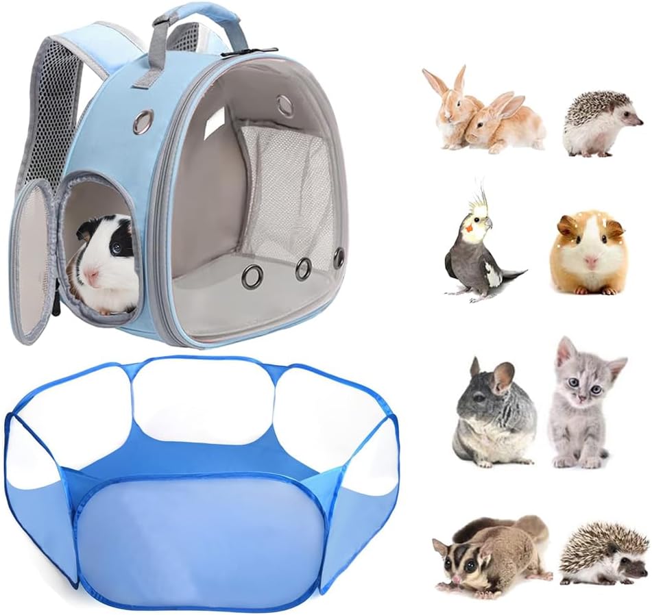 Small Animals Tent, Breathable Transparent Pet Playpen Pop Open Outdoor/Indoor Exercise Fence - Blue+blue / Backpack+Playpen