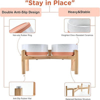 SPUNKYJUNKY Elevated Dog Bowls Ceramic, 7.3'' Dogs Food Water Bowls Raised with Non-Slip Bamboo Stand for Medium to Large Sized Breed Microwave Dishwasher Safe - 42 OZ,Pattern White
