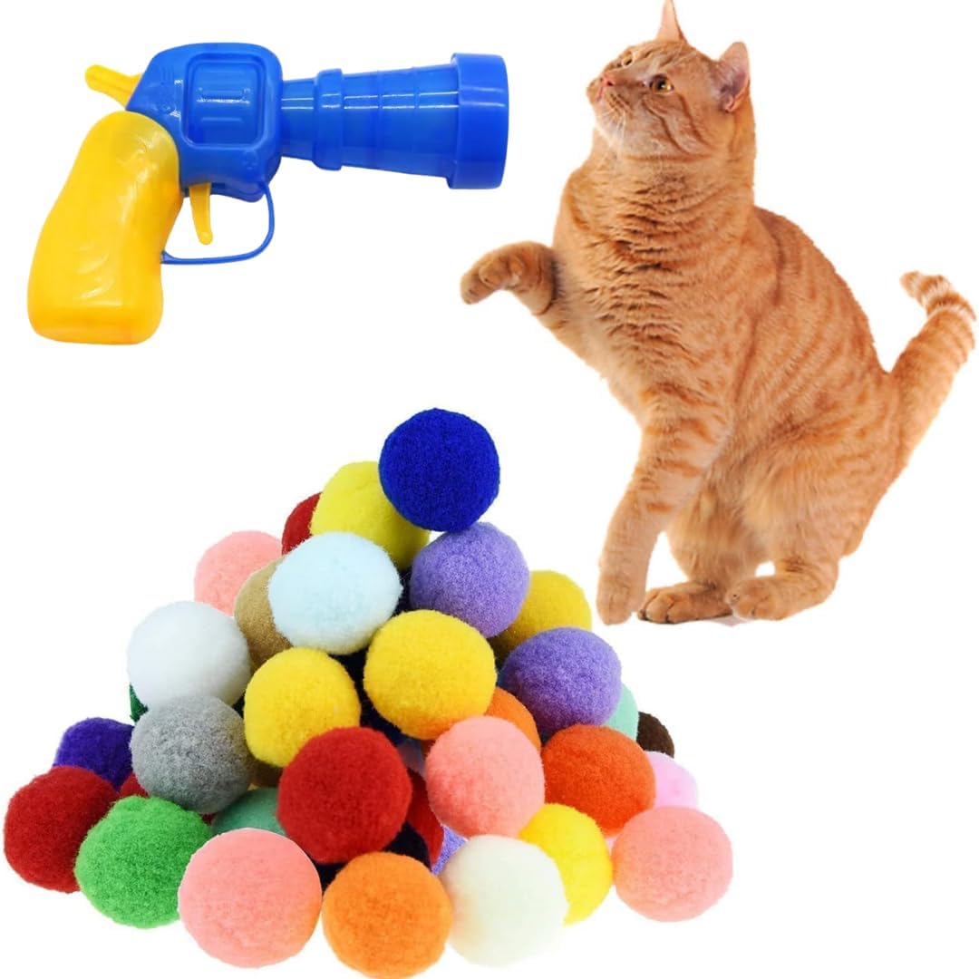 Premium Soft Pom Pom Balls for Kittens, Lightweight, Interactive - 1.2 Inches 30 Balls With Ball Launcher