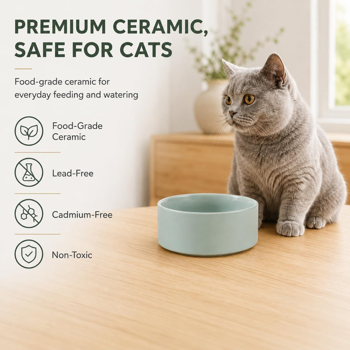 Cat Bowls Set of Two, 5.1” Ceramic Cat Food Bowls - Light Green / 2 Bowls - 5.1" - image 4