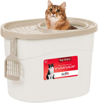 IRIS USA Top Entry Cat Litter Box, Hooded Privacy - Oval / White w/ Scoop