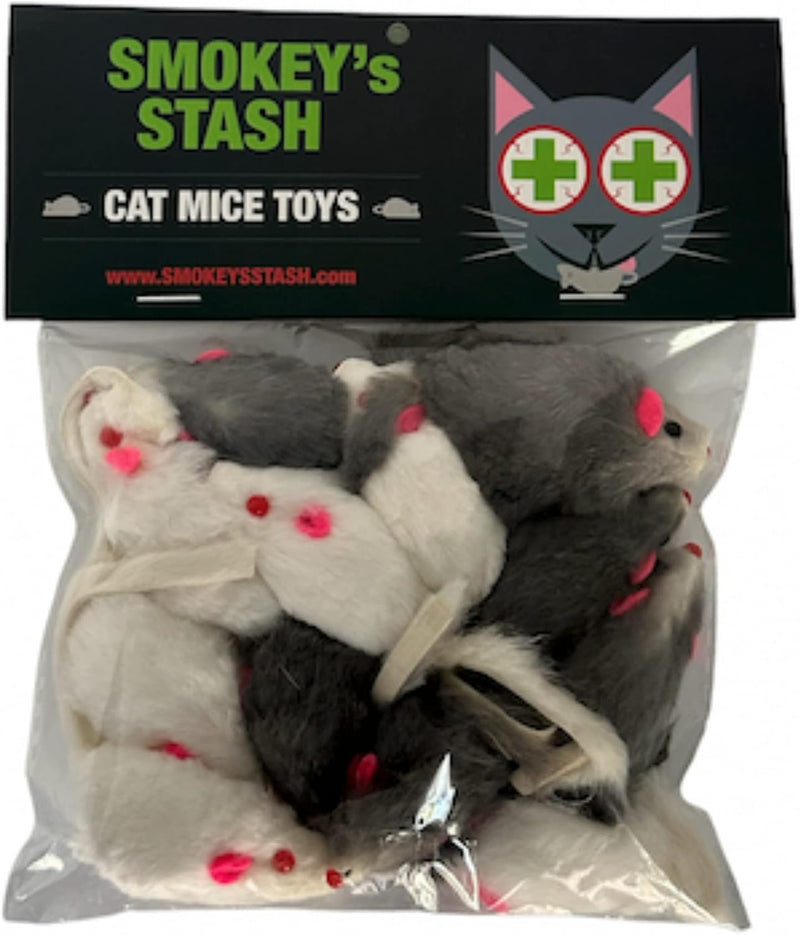 Smokey's Stash Rabbit Fur Mouse Cat Toy 12 per Pack White and Gray - 12
