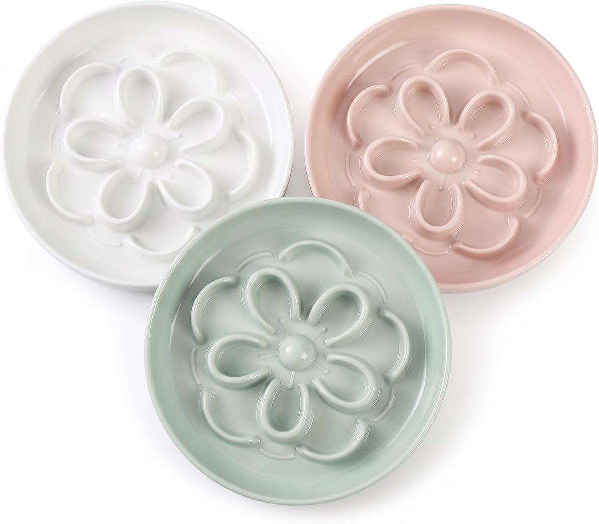Melamine Cat Slow Feeder Bowl Set - White & Pink & Green / 3 PACK