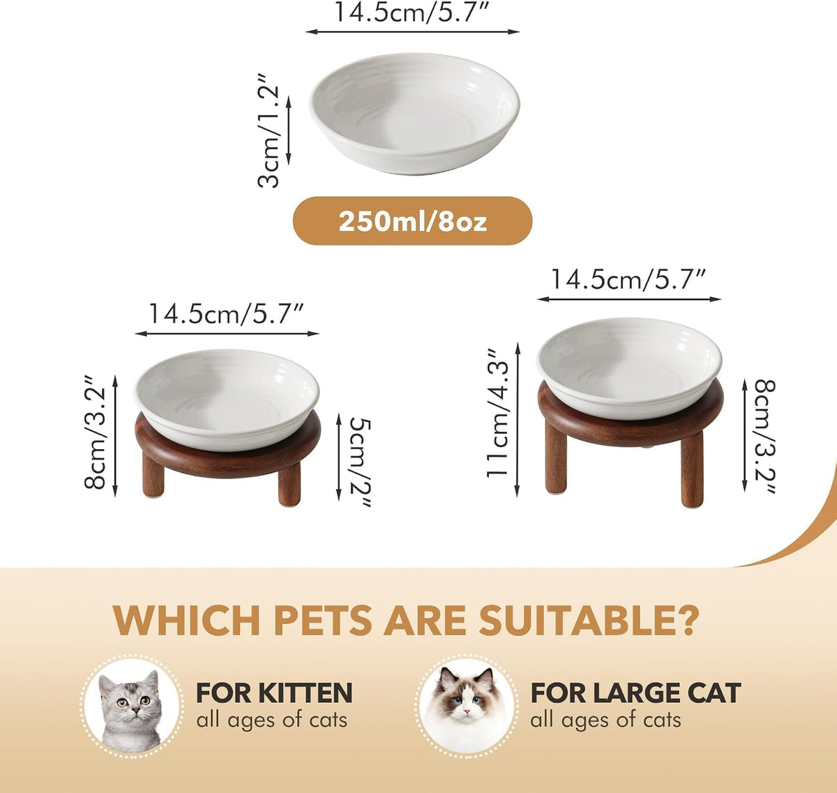 Elevated Cat Bowls, Ceramic Cat Bowl with Bamboo Stand Wide Opening – Essentials for Cats - White / Stripe x1 + Acacia Wood - image 2