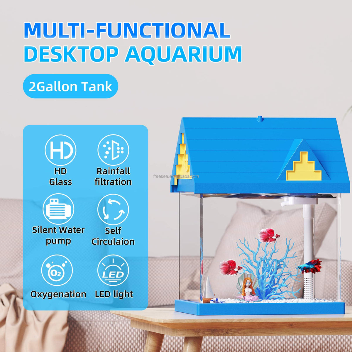 FREESEA 2-gallon Acrylic Fresh-keeping Fish Tank, Equipped With Filtration And Lighting, Suitable For Shrimp, Jellyfish,