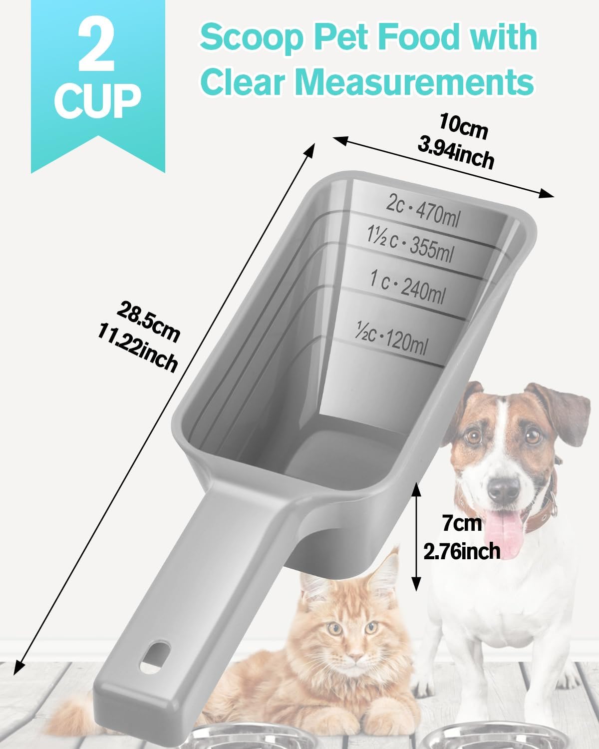 2 Cup Dog Food Scoop, Plastic Pet Food Scoop with Measuring Lines for Accurate Pet Food - Pink and Grey - image 2