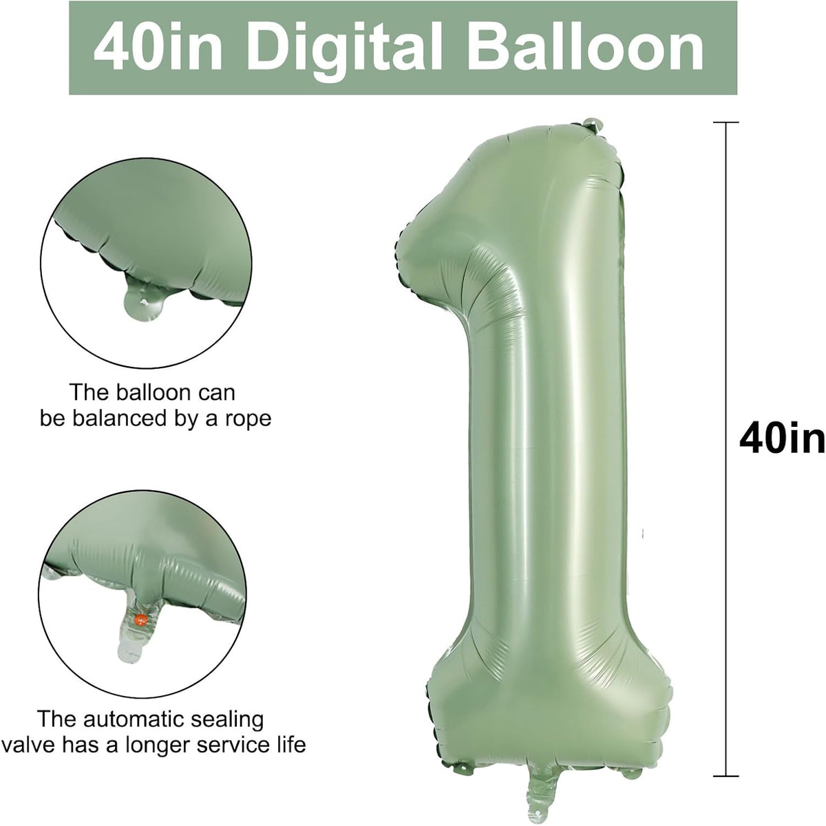 TONIFUL 40 Inch Red Number 3 Balloons Large Foil 3rd Birthday - Sage Green / Number 1 - image 2