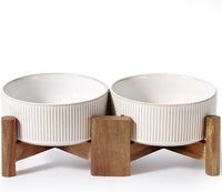 Getstar Ceramic Dog Bowls with Acacia Wood Stand, 30 fl oz, Set of 2, Dog Food Bowl, Cat Bowls (6.5 inches) (Vintage White)