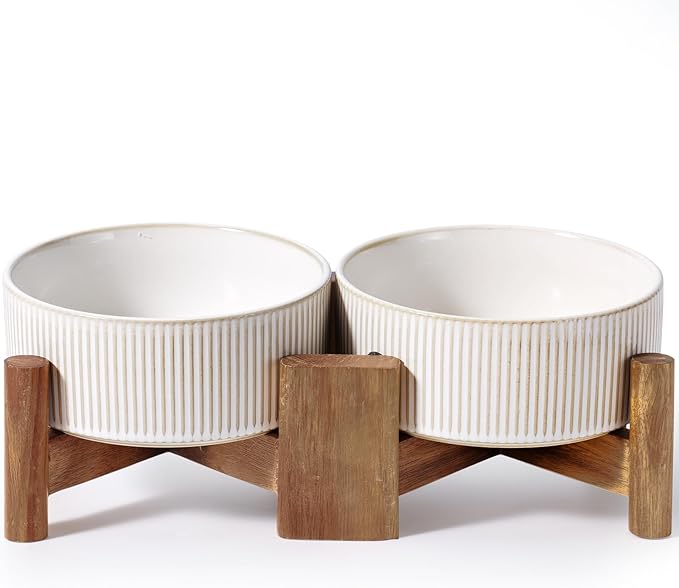 Getstar Ceramic Dog Bowls with Acacia Wood Stand, 30 fl oz, Set of 2, Dog Food Bowl, Cat Bowls (6.5 inches) (Vintage White)