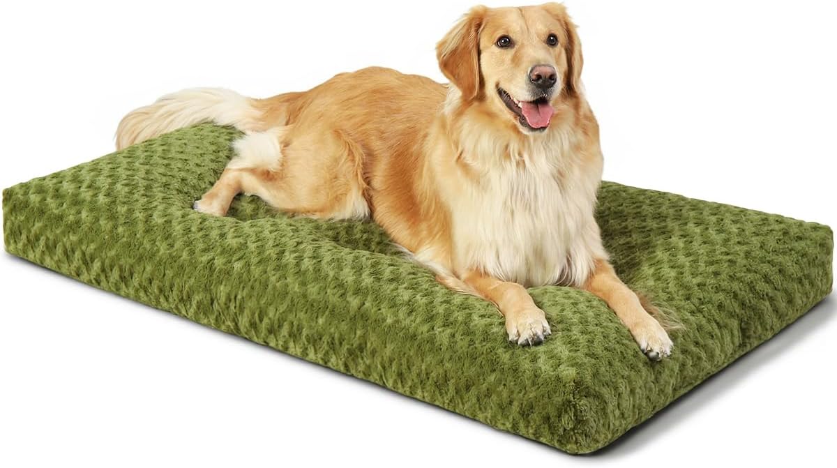 KSIIA Washable Dog Bed Medium Size Dog Crate Bed Plush Pet Mat - Green / 35.0"L x 23.0"W x 3.5"Th