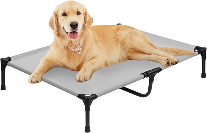 XL Elevated Dog Bed, Extra Large Cooling Raised Dogs Cot, Outdoor Lifted Ped Cots, Stable Pet Hammock with Non-Slip Feet, Off Ground, Washable Teslin Mesh, Grey