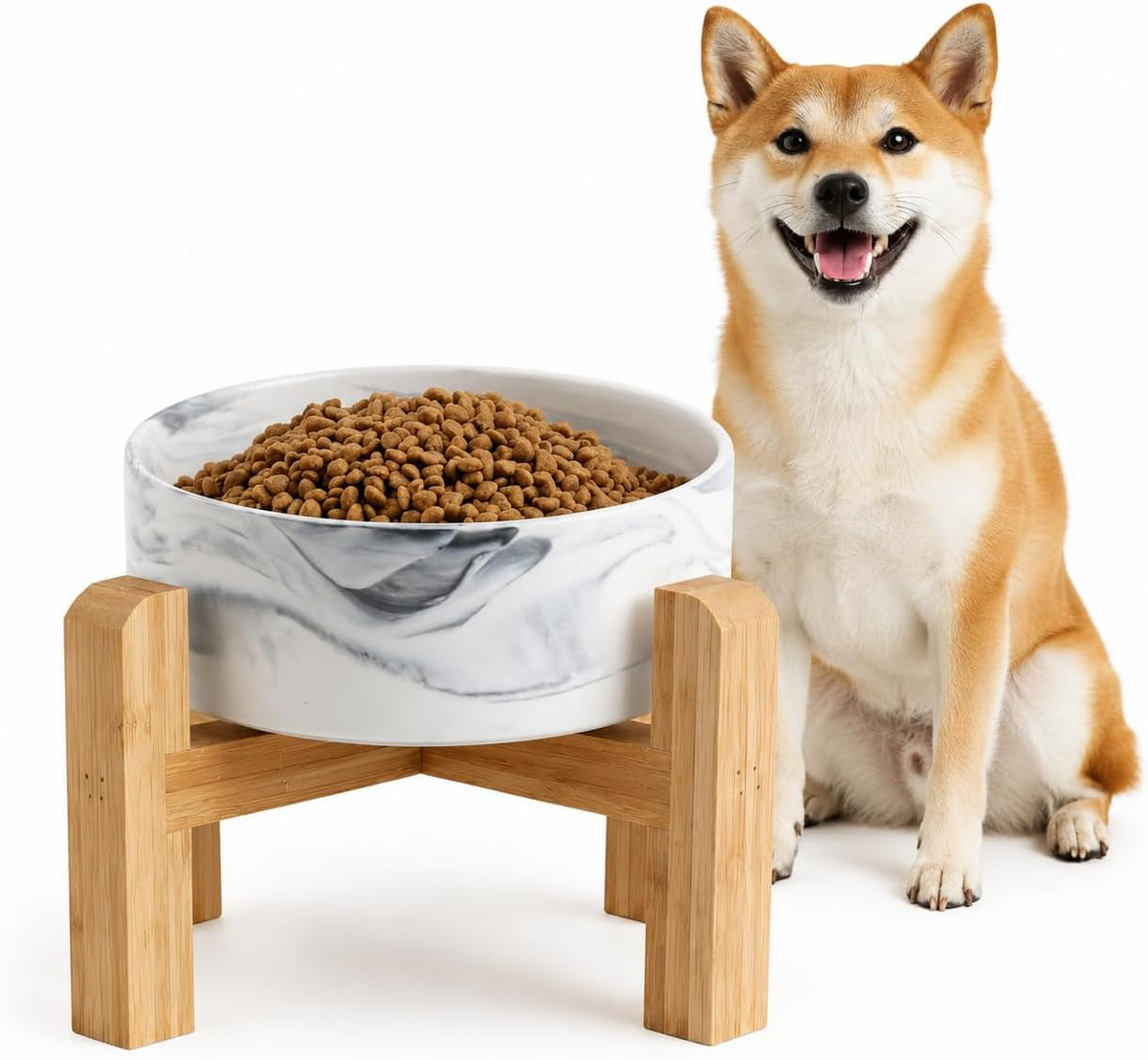 Elevated/Raised Ceramic Dog Bowl with Bamboo Stand，6 Inch 3.6 Cups - Marble Gray / Medium