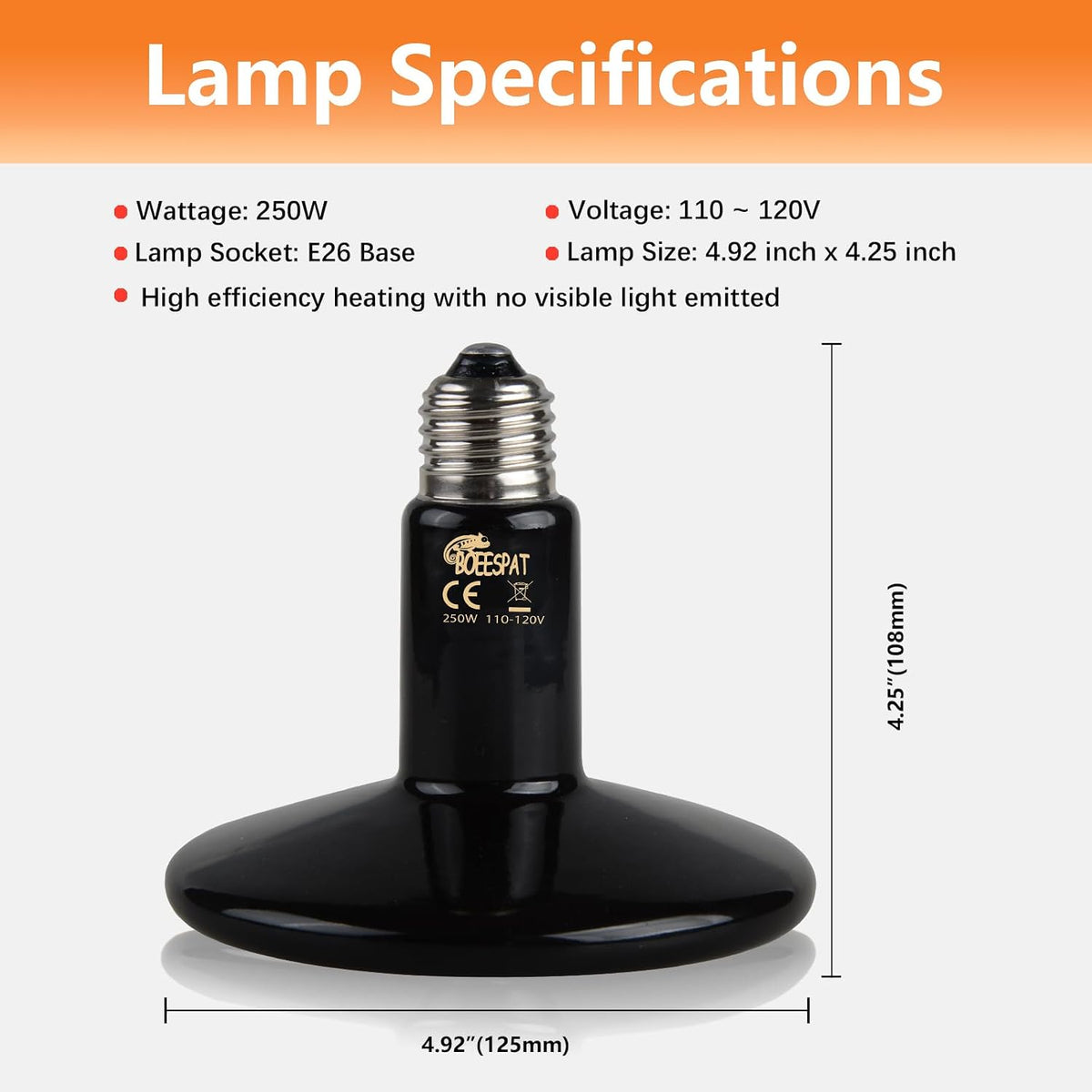 150W Reptile Heat Lamp, Pack of 2 Ceramic Heat Emitters for Reptile Geckos, Lizard, Iguana, Bearded - 250 Watts / Black - image 3