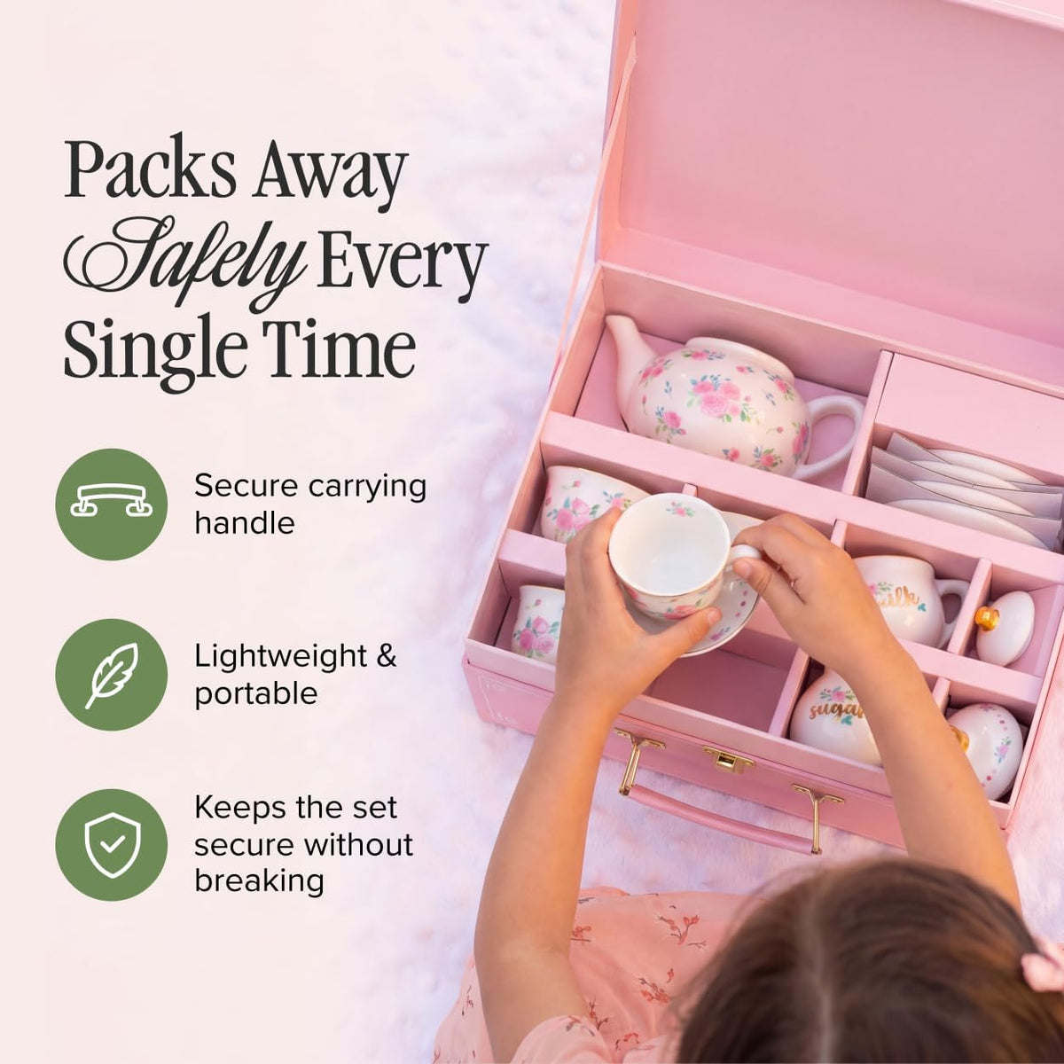 Giggle & Honey white floral tea party set for girls with porcelain teapot, cups and carrying case - view 8
