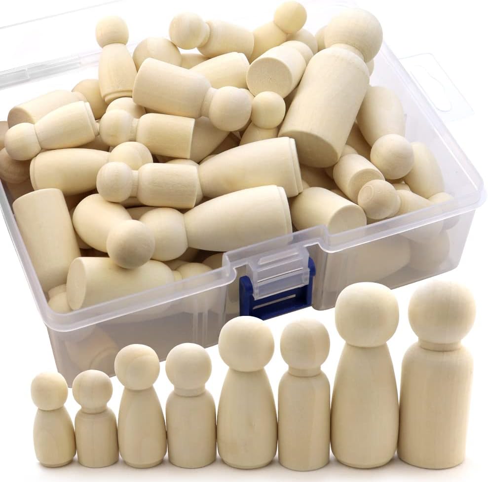 NODG 50 unfinished wooden peg dolls in four sizes, boy and girl shapes, with storage box