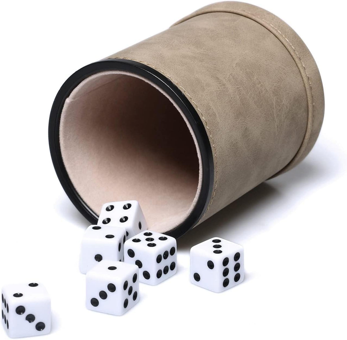 Felt Lined PU Leather Dice Cup Set with 6 Dot Dices – Fun for Kids & Family - Suede Brown
