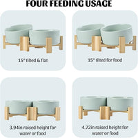 SPUNKYJUNKY 15° Slanted Ceramic Dog and Cat Bowl with Wooden Stand, Tilted Bulldog Food and Water Bowl No Slip Non-Spill for Cats Medium Dogs Big Face Pets 28.7 OZ (3.6 Cups, Morandi Green × 2)