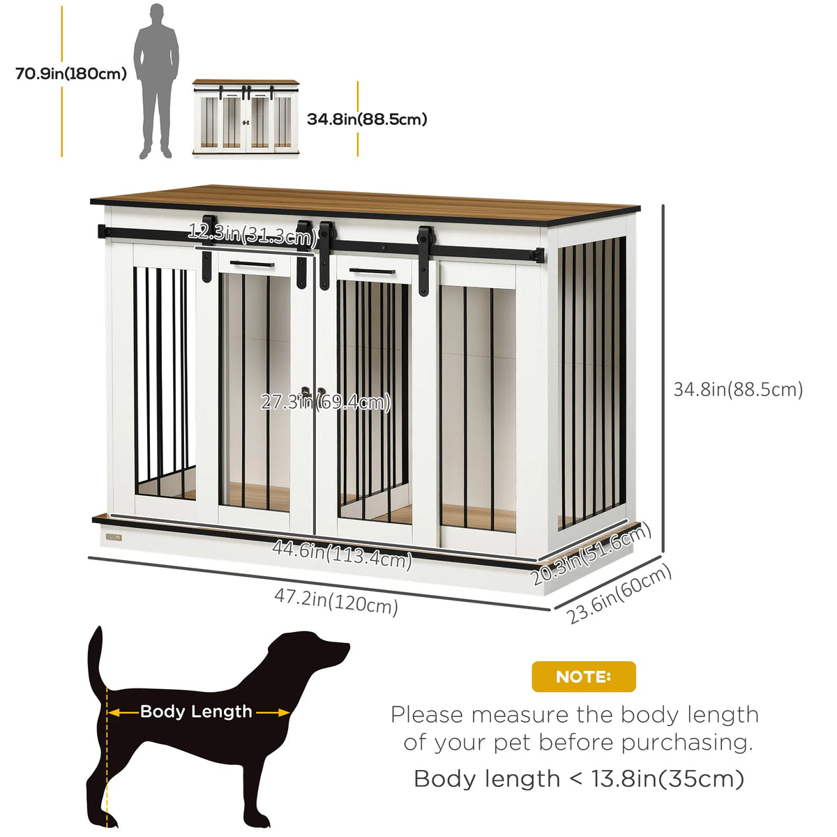 47in Dog Crate Furniture with Divider Panel, Wooden Dog Kennel TV Stand for Large Breeds, Pet House Side Table for 2 Sma