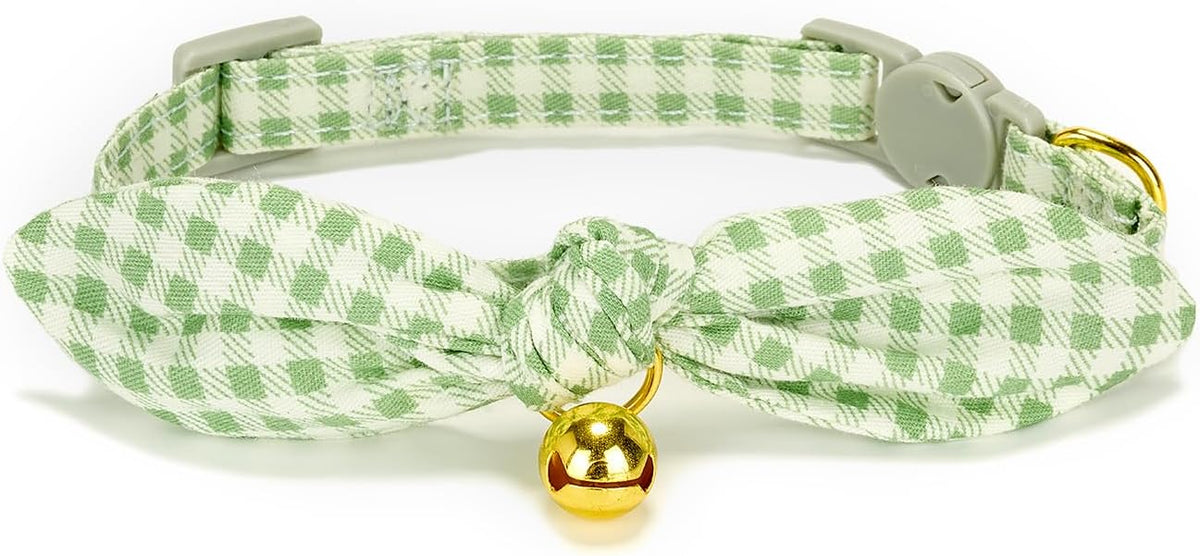 Cotton Bowtie Cat Collar with Bell 2 Pack Adjustable Breakaway Kitten - Floral Green+Plaid / 7.5-11.4 Inch (Pack of 2) - image 2