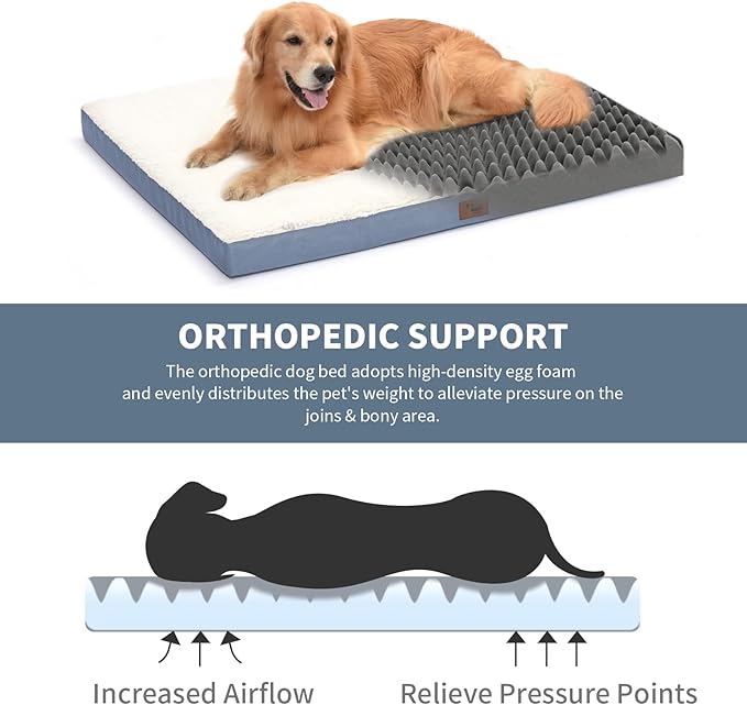 Outdoor Dog Beds for Extra Large Dogs, XL Pet Bed for Large Sized Dog, Egg Crate Foam Pet Bed with Removable Washable Oxford Cooling Cover, Blue White