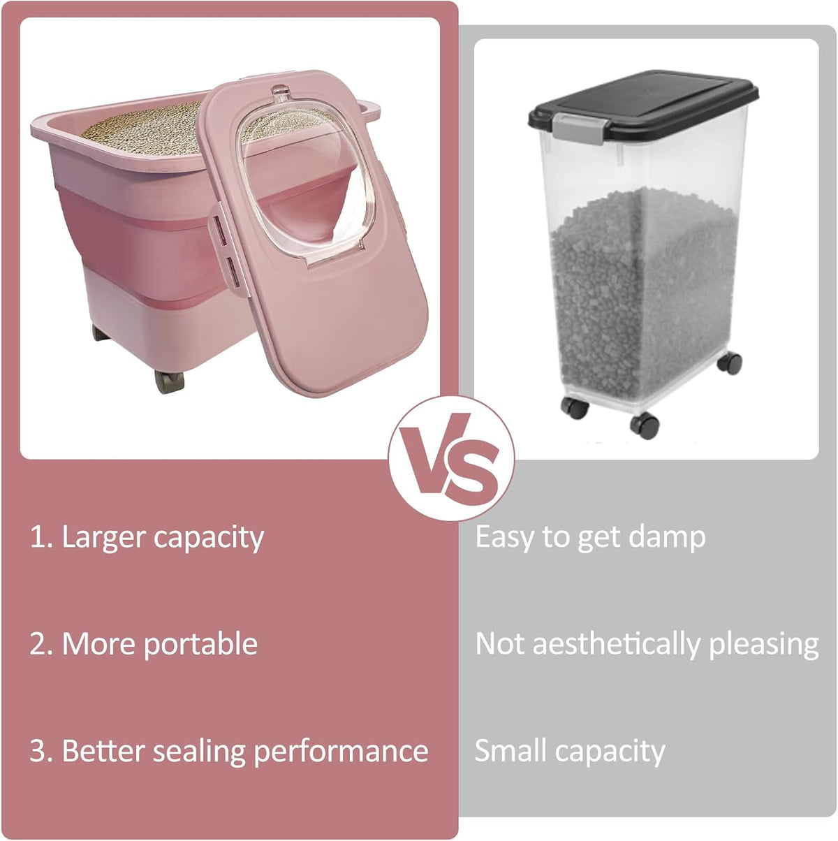 Collapsible Cat Litter Storage Container with Rolling Casters - Pink - image 2
