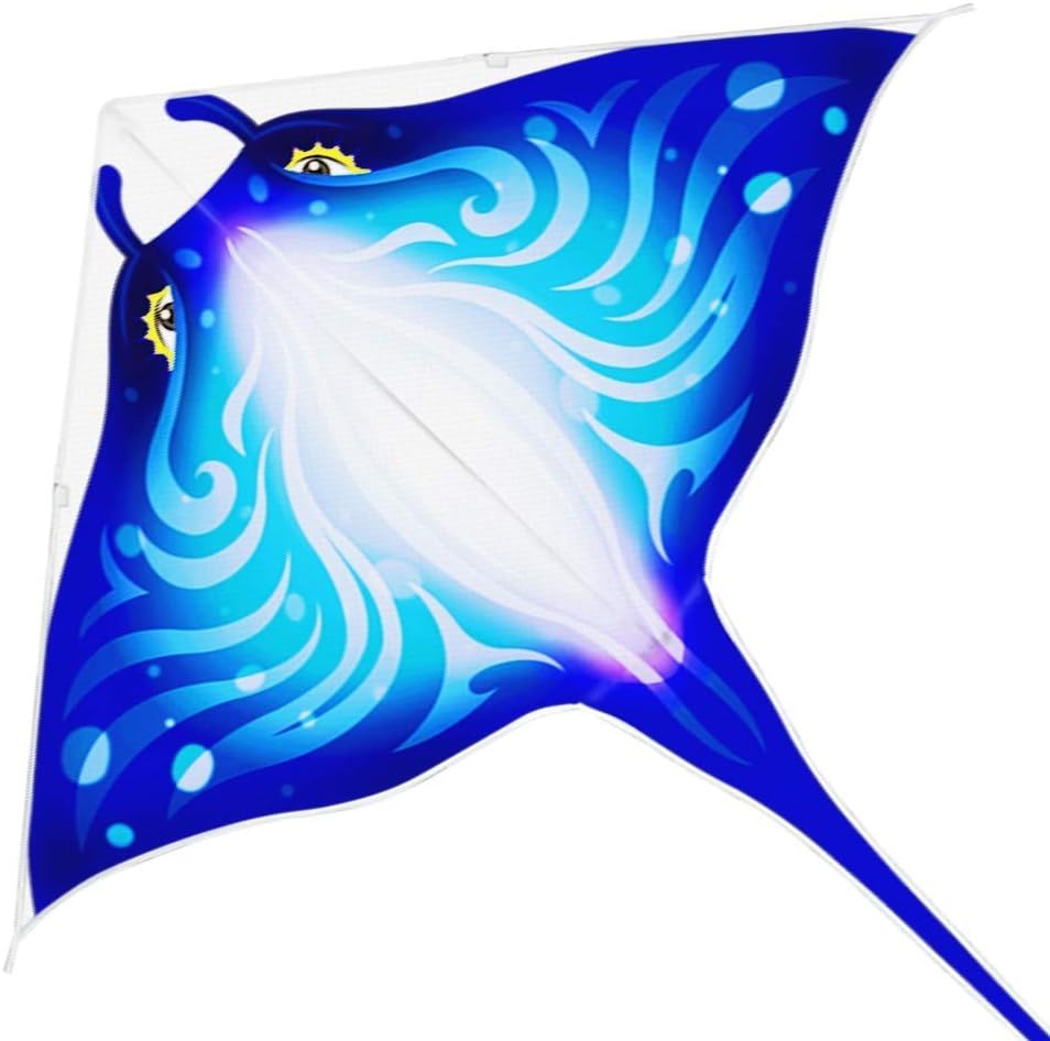 Devil Fish manta ray beach kite for kids in blue ripstop nylon with kite string - view 3