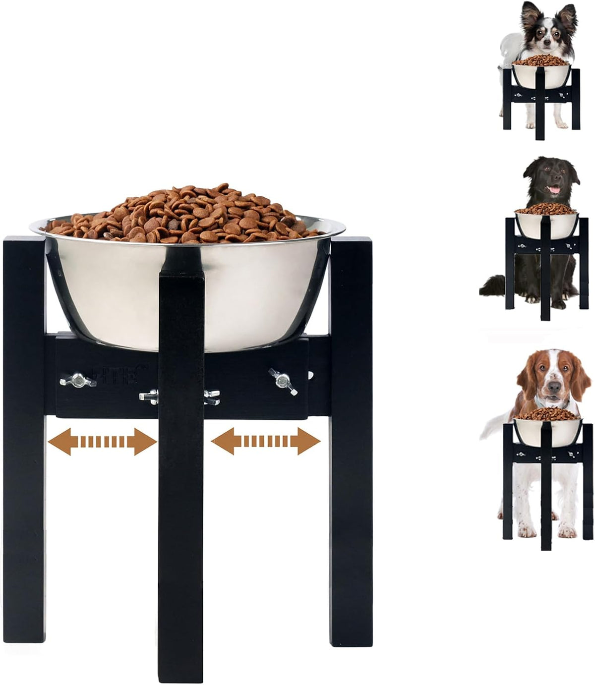 Adjustable Width Bamboo Elevated Dog Bowl Stand - Medium (10" High) / Black