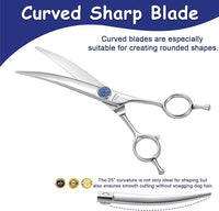 7'' Dog Grooming Scissors CNC 440C Blades Sharp and Durable Polished Curved Dog Shears with Blue Diamond Adustable Screws Easy to Use for Groomer and Home User
