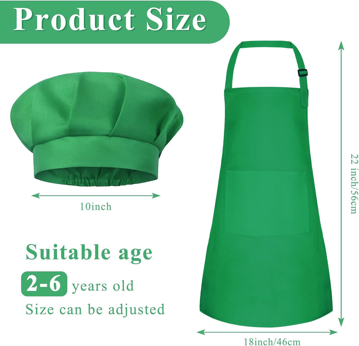 Kids Apron and Chef Hat Set Adjustable Child Art Aprons with 2 - M-green / Small - image 2