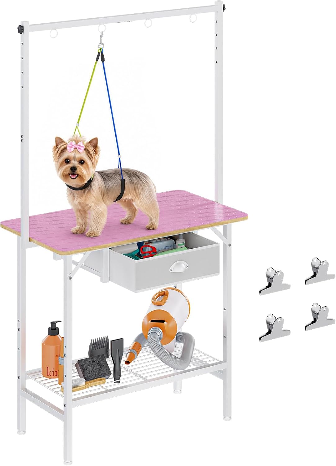 Dog Grooming Table with Drawers and Mesh Tray - Pink / Medium,1‑Drawer