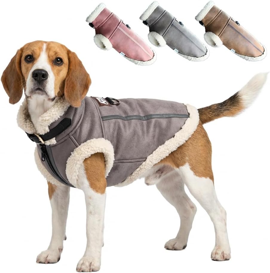Retro Aviator Dog Jacket – Faux Leather Winter Coat with Plush Sherpa Fleece Lining for Bulldog - Gray / X-Large