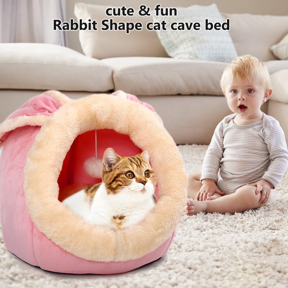 Cat Beds for Indoor Cats-Rabbit-Shaped Cat Cave Bed with Hanging Toy - Rabbite Pink / Rabbite / M - image 3