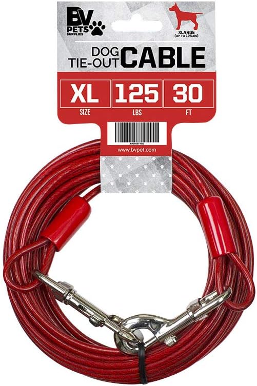 BV Dog Tie Out Cable 30 Feet - 125lbs/ 30ft/ Red / Single