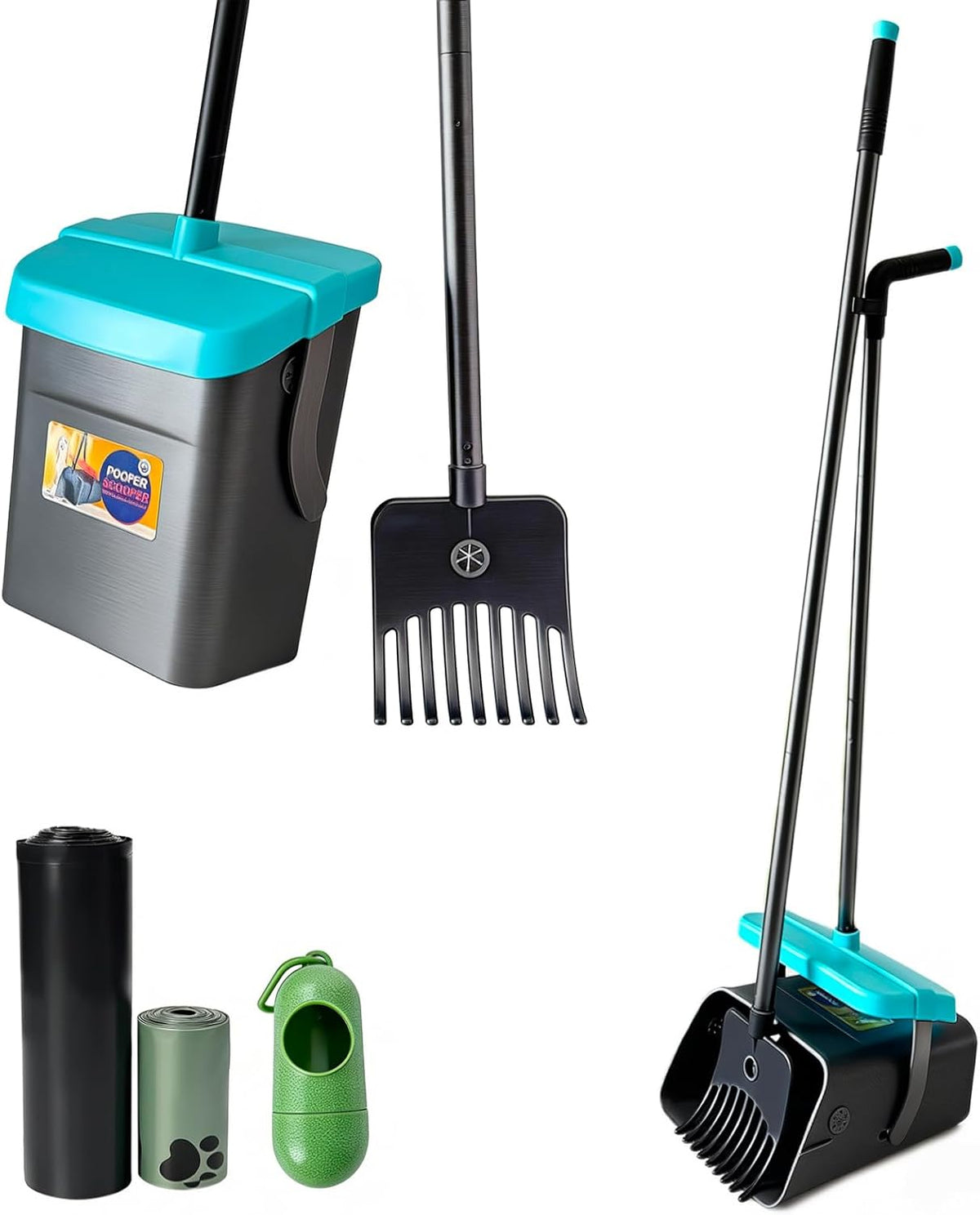46" Pooper Scooper Swivel Bin & Rake for Large Small Dogs with Bag - Blue