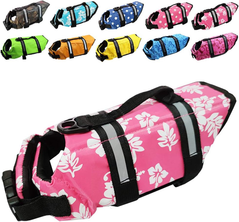 Dog Life Jacket Easy-Fit Adjustable Belt Pet Saver Swimming Safety - Large / Flowers and Pink