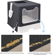 Foldable Cat Litter Box with Lid, Enclosed Potty, Large Top Entry Anti-Splashing Toilet, Easy to Clean Including Litter Scoop and 2-in-1 Cleaning Brush (Black)