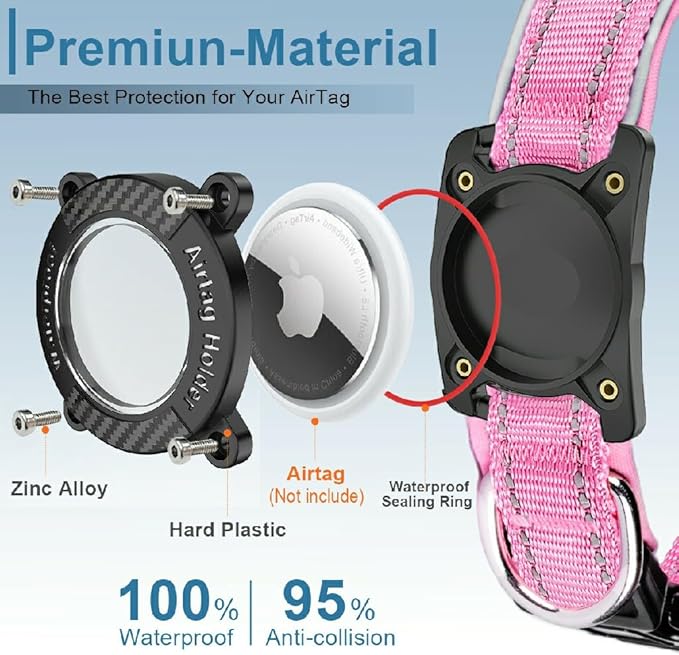 Upgraded AirTag Dog Collar, IP68 Waterproof Dog Collar with Apple Air Tag Holder, Reflective Adjustable Heavy Duty Dog Collars with Soft Padded for Small, Medium and Large Dogs,Pink, L