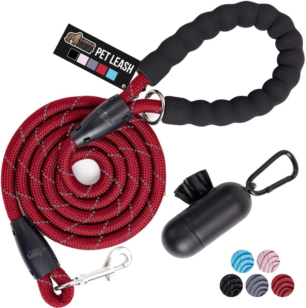 GORILLA GRIP Dog Leash, Heavy Duty Reflective Rope for 33lb Dogs - Red / 6 FT X 1/2 Inch (202lb)