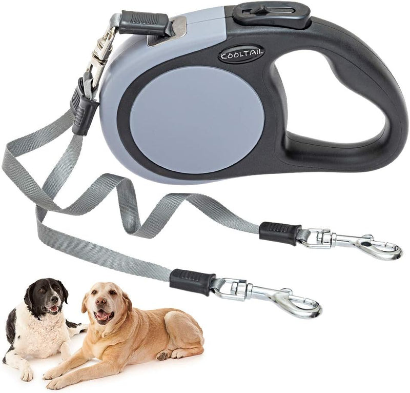 Dual Retractable Dog Leash for Two Dogs Up to 110 Lbs - Grey Solid / 16 Ft