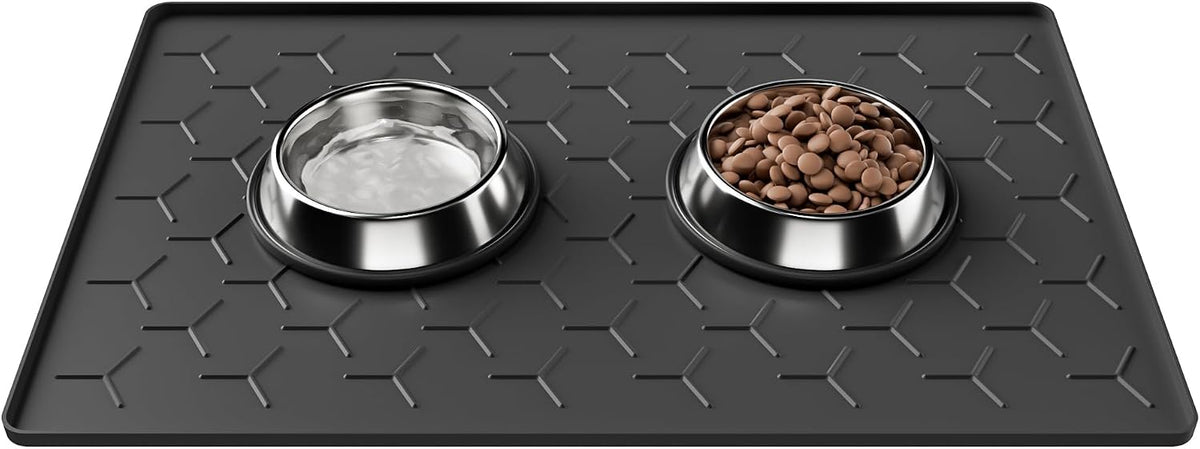 Pieviev Silicone Dog Cat Food Bowl Mat, Waterproof Raised Edge - M-24''X16'' / Black