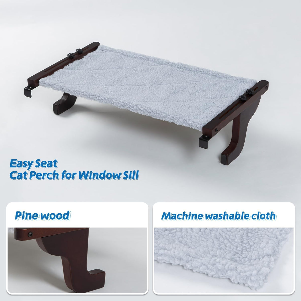 Zakkart 2-PC Easy Seat Cat Perch for Windowsill – Essentials for Cats - Dark Stained Wood w/ Gray Bed / Large 2PC - image 3