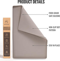 MateeyLife Dog & Cat Food Water Mat for Floors Waterproof, Nonslip Pets Bowl Feeding Mats with Raised Edges, Silicone Matt Tray for Messy Drinkers, 24"x16", Taupe