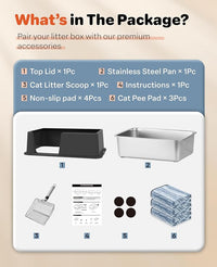 Stainless Steel Litter Box with Lid, 23.5" L x 15.8" W x 12.6" H, XL Metal Cat Box for Big Cats, High Sided Kitty Litter Box with Scoop & Pee Pads, Non-Sticky, Anti-Leakage, Easy to Clean (Black)