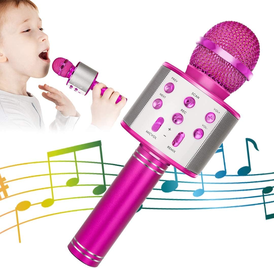 Kids Karaoke Microphone, Wireless Bluetooth Toy Microphone Christmas Gift – Fun for Kids & Family - Rose Red