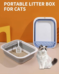 BNOSDM Collapsible Small Cat Litter Box for Kittens Open Potty Pan Foldable Cat Toilet with Scoop Senior Kitty Travel Shallow Litters Boxes Anti-Splash Waterproof Blue 17.7"×13.4"