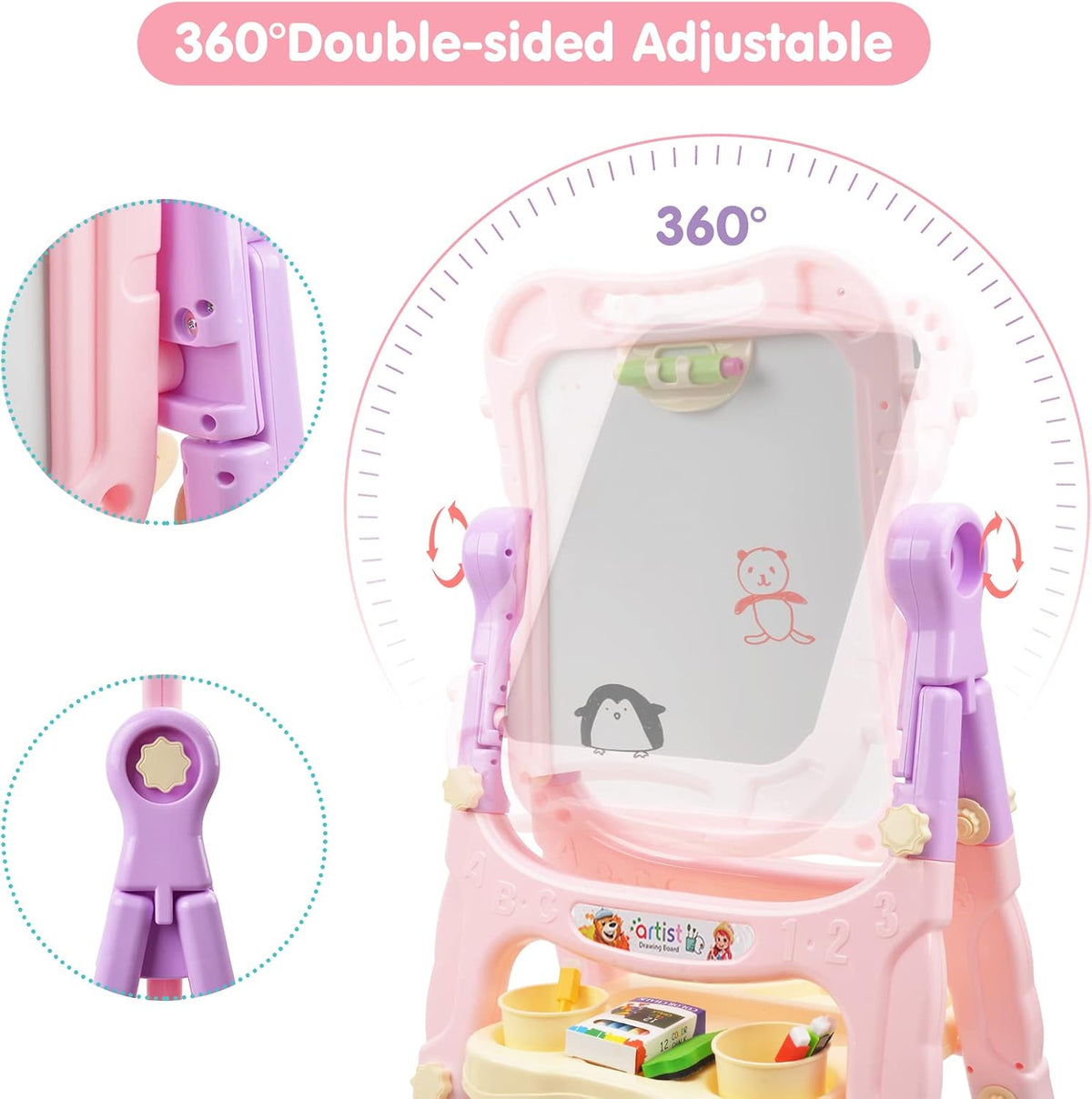 Amagoing Easel for Kids, Adjustable Standing Art Easel for Toddler, Double Side White Chalk Board - pink - image 4