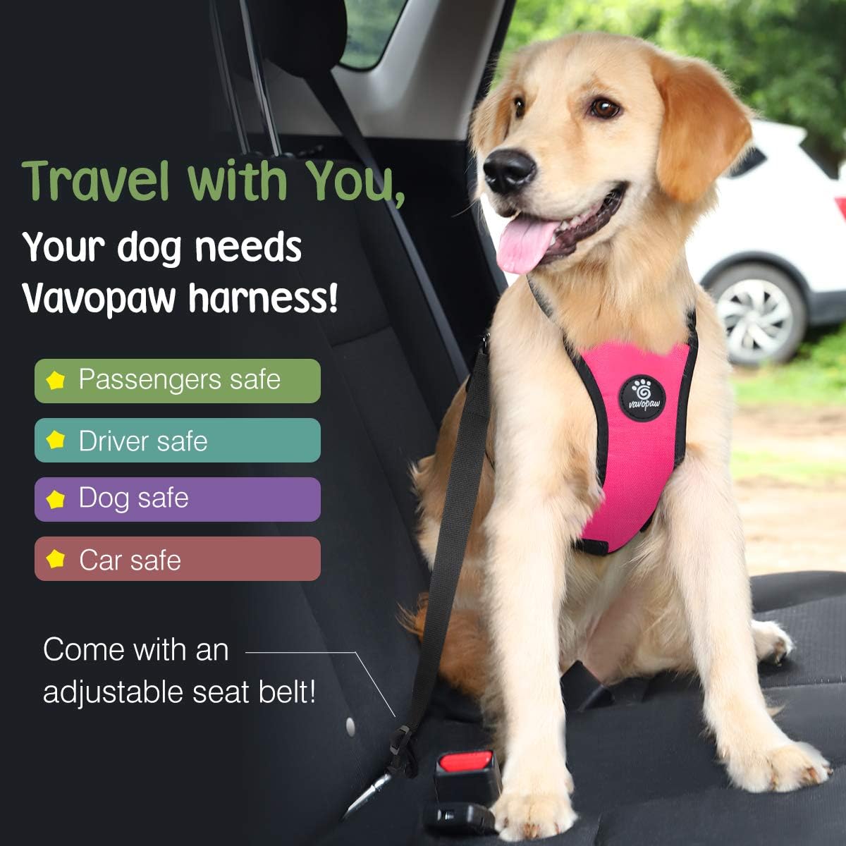 Dog Seat Belt Vest Harness for Car - Magenta / M (Chest: 19.7-26.4", Neck: 12.6-20.5") - image 2