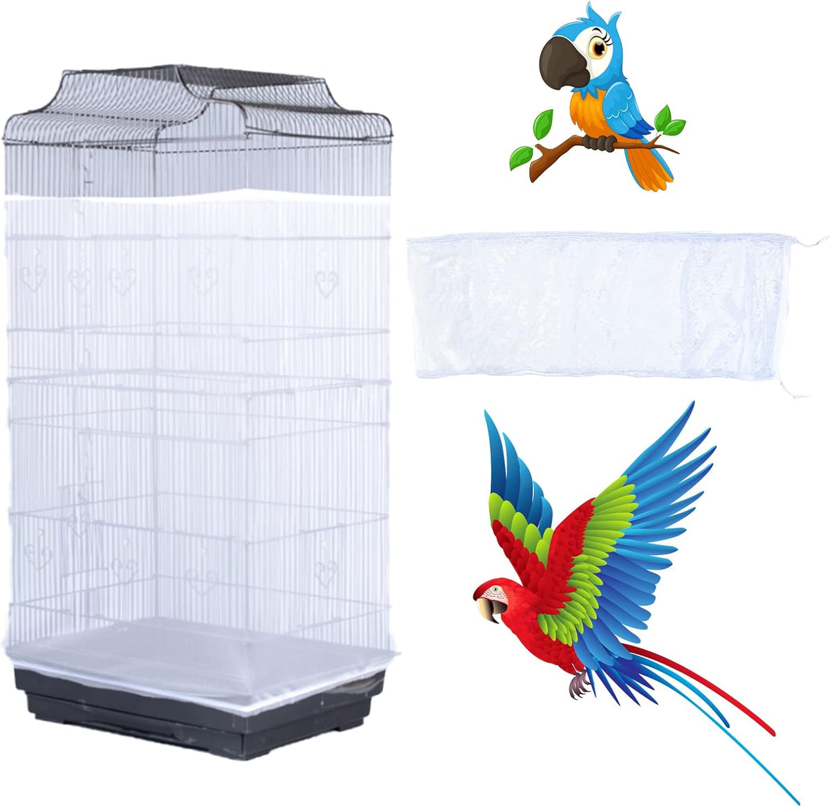 Bird Cage Seed Catcher, Large Airy Gauze Seeds Bird Cage Cover Guard Adjustable Bird Cage Cover - Large / White
